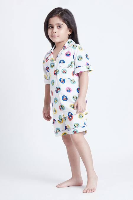 Bohobi_White Cotton Disney World Print Night Suit Shorts Set _at_Aza_Fashions