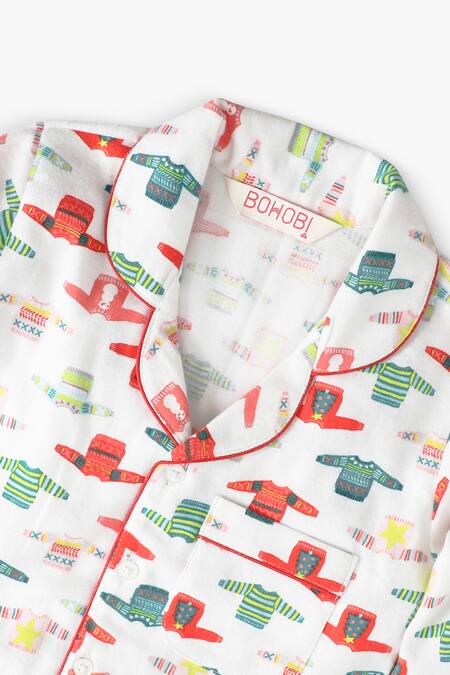 Bohobi_White Flannel Get Cozy Sweater Print Night Suit Pyjama Set _Online_at_Aza_Fashions