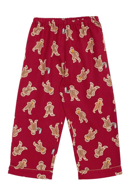Bohobi Red Flannel Gingerbread Print Night Suit Pyjama Set Online at Aza Fashions Bohobi_Red Flannel Gingerbread Print Night Suit Pyjama Set _Online_at_Aza_Fashions