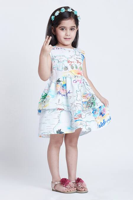 Bohobi_White Cotton Globe Map Print Dress _at_Aza_Fashions