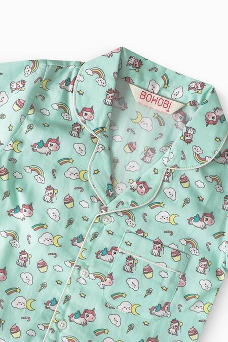 Bohobi Green Cotton Unicorn Print Night Suit Pyjama Set Online at Aza Fashions Bohobi_Green Cotton Unicorn Print Night Suit Pyjama Set _Online_at_Aza_Fashions