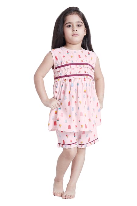 Bohobi Pink Cotton Sweet Tooth Frill Top And Shorts Night Suit Set Online at Aza Fashions Bohobi_Pink Cotton Sweet Tooth Frill Top And Shorts Night Suit Set _Online_at_Aza_Fashions