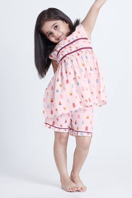 Buy Bohobi Pink Cotton Sweet Tooth Frill Top And Shorts Night Suit Set Online at Aza Fashions Buy_Bohobi_Pink Cotton Sweet Tooth Frill Top And Shorts Night Suit Set _Online_at_Aza_Fashions