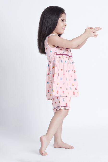 Bohobi Pink Cotton Sweet Tooth Frill Top And Shorts Night Suit Set at Aza Fashions Bohobi_Pink Cotton Sweet Tooth Frill Top And Shorts Night Suit Set _at_Aza_Fashions