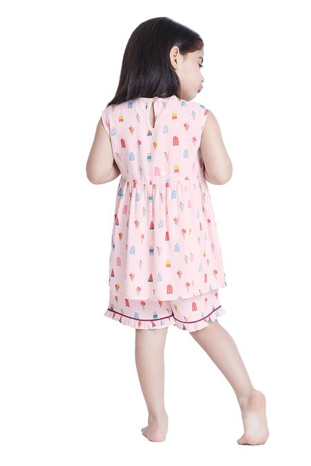 Buy Bohobi Pink Cotton Sweet Tooth Frill Top And Shorts Night Suit Set Buy_Bohobi_Pink Cotton Sweet Tooth Frill Top And Shorts Night Suit Set
