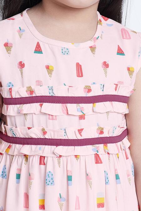 Shop Bohobi Pink Cotton Sweet Tooth Frill Top And Shorts Night Suit Set Shop_Bohobi_Pink Cotton Sweet Tooth Frill Top And Shorts Night Suit Set