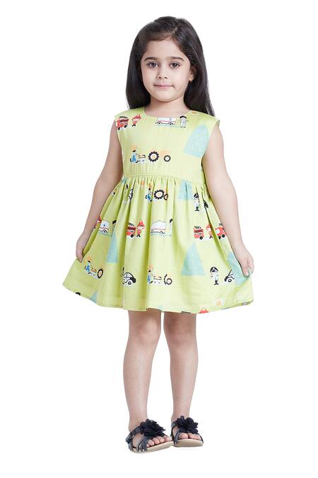 Bohobi_Green Satin, Car Print Sleeveless Dress _Online_at_Aza_Fashions