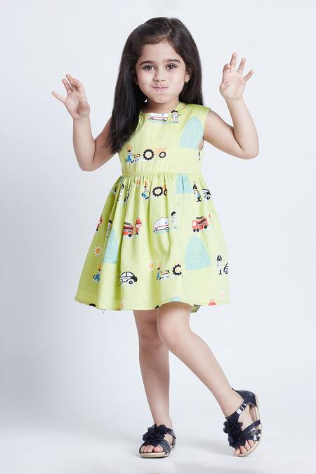 Buy_Bohobi_Green Satin, Car Print Sleeveless Dress _Online_at_Aza_Fashions