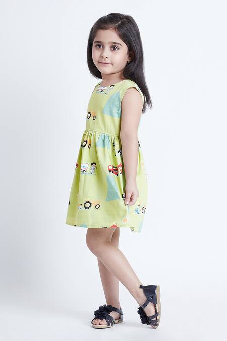 Shop_Bohobi_Green Satin, Car Print Sleeveless Dress _Online_at_Aza_Fashions