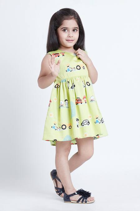 Bohobi_Green Satin, Car Print Sleeveless Dress _at_Aza_Fashions