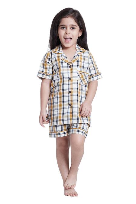 Bohobi_Yellow Cotton Check Printed Night Suit Set _Online_at_Aza_Fashions