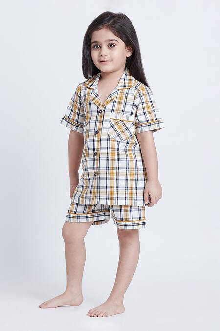 Shop_Bohobi_Yellow Cotton Check Printed Night Suit Set _Online_at_Aza_Fashions