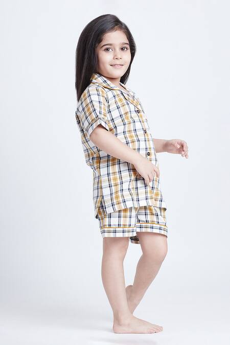 Bohobi_Yellow Cotton Check Printed Night Suit Set _at_Aza_Fashions