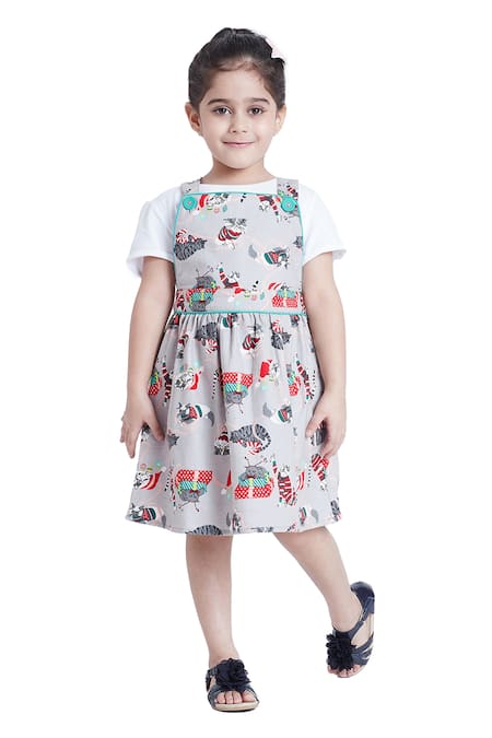 Bohobi_Grey Flannel Meow Cat Print Dungaree Dress _Online_at_Aza_Fashions