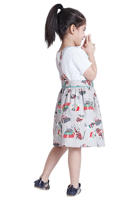 Bohobi_Grey Flannel Meow Cat Print Dungaree Dress _at_Aza_Fashions
