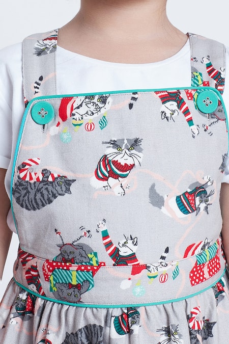 Buy_Bohobi_Grey Flannel Meow Cat Print Dungaree Dress 