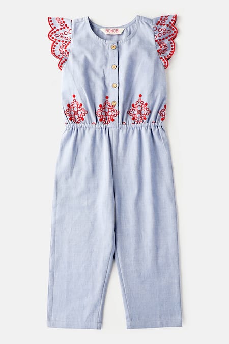 Bohobi Blue 100% Cotton Embroidered Schiffli Modish Jumpsuit 