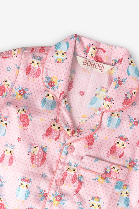 Bohobi_Pink Cotton Owl Print Night Suit Pyjama Set _Online_at_Aza_Fashions