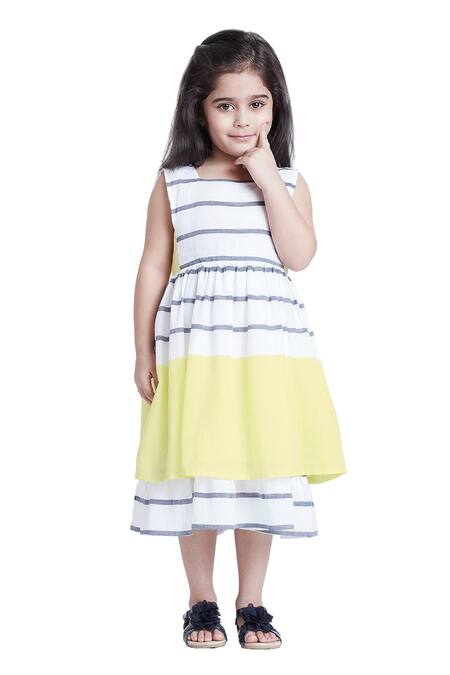 Bohobi_White Cotton Playing Striped Layered Dress _Online_at_Aza_Fashions