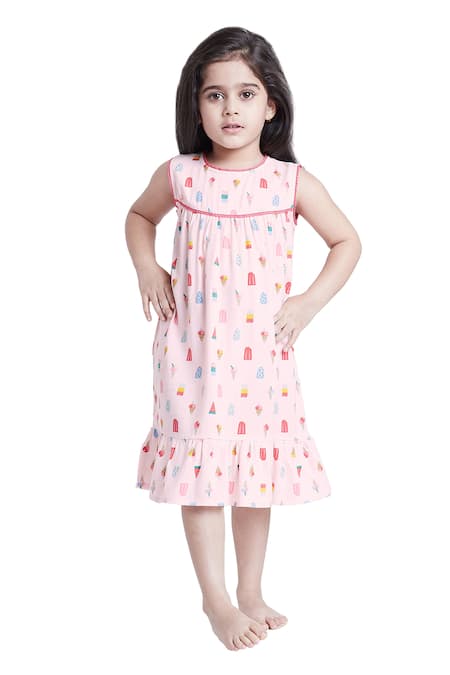 Bohobi_Pink Cotton Sweet Cream Ice Cram Print Night Dress _Online_at_Aza_Fashions