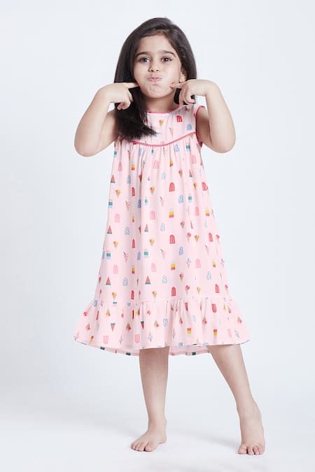 Buy_Bohobi_Pink Cotton Sweet Cream Ice Cram Print Night Dress _Online_at_Aza_Fashions