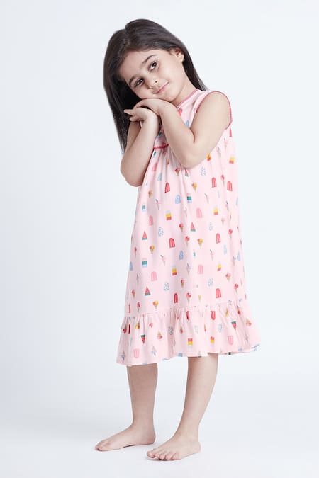 Shop_Bohobi_Pink Cotton Sweet Cream Ice Cram Print Night Dress _Online_at_Aza_Fashions