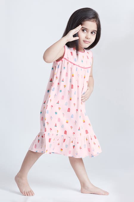 Bohobi_Pink Cotton Sweet Cream Ice Cram Print Night Dress _at_Aza_Fashions