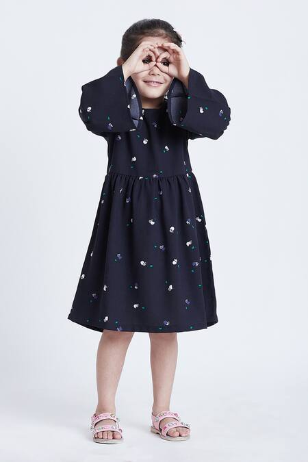 Bohobi_Blue Polyester Tiny Bell Print Dress _Online_at_Aza_Fashions