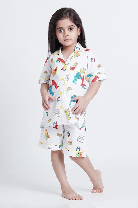 Bohobi White Cotton Printed Transformers Night Suit Shorts Set 