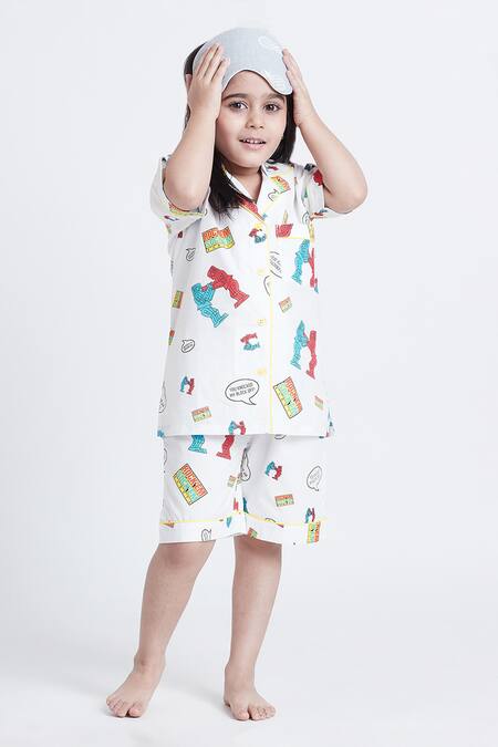 Shop_Bohobi_White Cotton Transformers Print Night Suit Shorts Set _Online_at_Aza_Fashions
