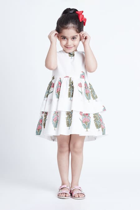 Bohobi White Cotton Block Printed Floral Layered Dress 