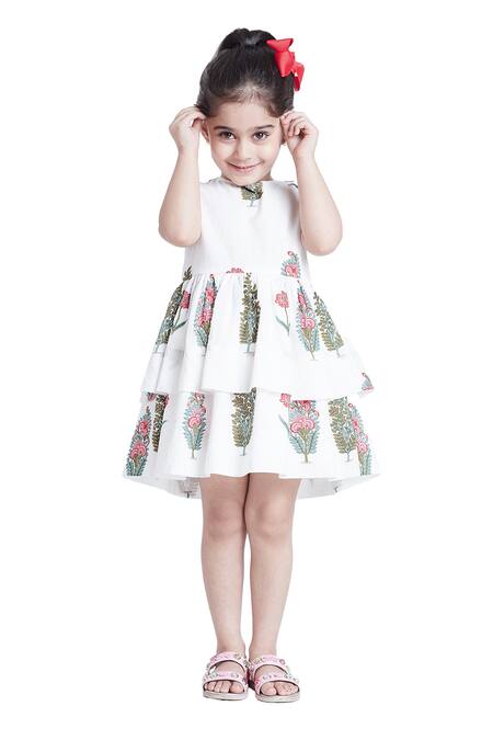 Bohobi_White Cotton Embroidery Floral Block Print Layered Dress _Online_at_Aza_Fashions