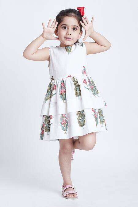 Buy_Bohobi_White Cotton Embroidery Floral Block Print Layered Dress _Online_at_Aza_Fashions