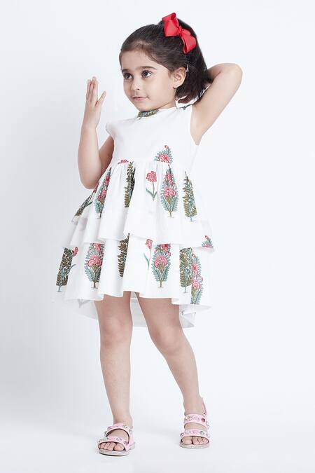 Shop_Bohobi_White Cotton Embroidery Floral Block Print Layered Dress _Online_at_Aza_Fashions