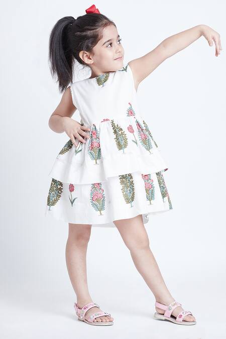 Bohobi_White Cotton Embroidery Floral Block Print Layered Dress _at_Aza_Fashions