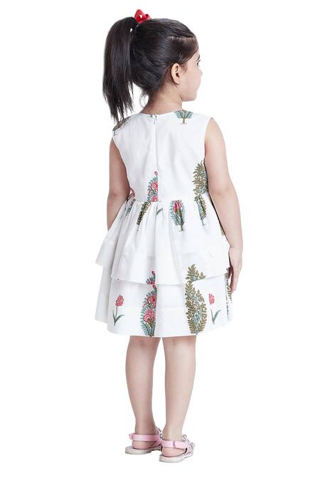 Buy_Bohobi_White Cotton Embroidery Floral Block Print Layered Dress 