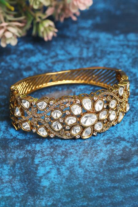 Buy_Auraa Trends_Gold Plated Pearls, Diamonds Kundan Floret Studded Bangle _Online_at_Aza_Fashions