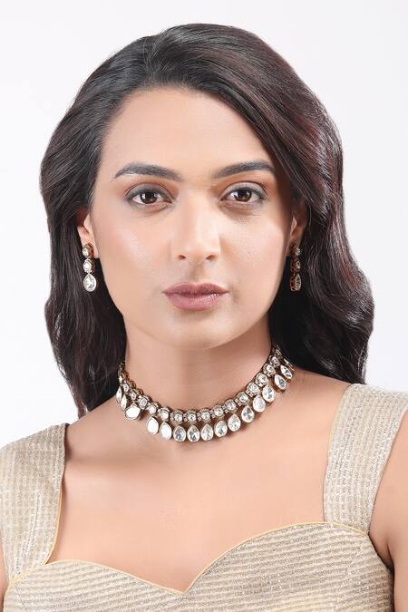 Auraa Trends_White Diamonds, Stones Polki Embellished Trellis Jewellery Set _Online_at_Aza_Fashions