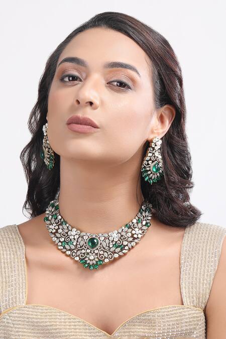Auraa Trends_Green Stones, Zari Damask Zircon Encrusted Jewellery Set _Online_at_Aza_Fashions