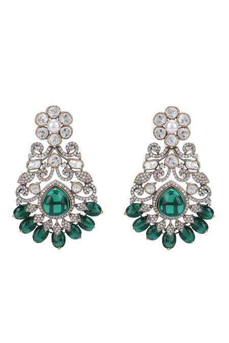 Shop_Auraa Trends_Green Stones, Zari Damask Zircon Encrusted Jewellery Set _Online_at_Aza_Fashions