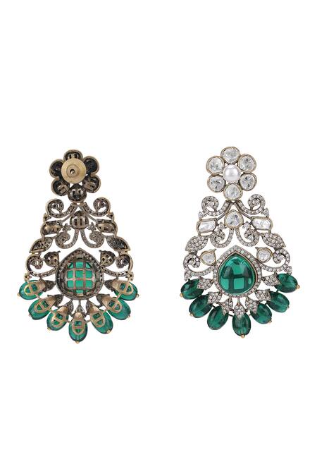 Auraa Trends_Green Stones, Zari Damask Zircon Encrusted Jewellery Set _at_Aza_Fashions