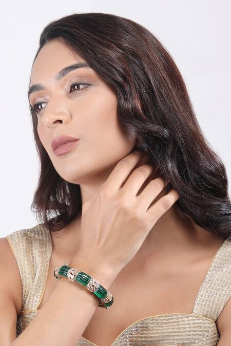Auraa Trends_Green Stones Stacked Embellished Bangle_Online_at_Aza_Fashions