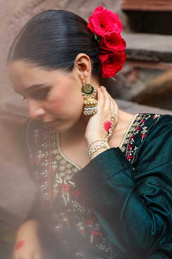Buy_MAISARA JEWELRY_Green Diamonds, Stones Jadau Embellished Jhumkas _Online_at_Aza_Fashions