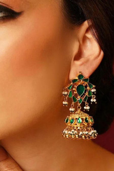 MAISARA JEWELRY Green Jadau Embellished Dangler Jhumkas