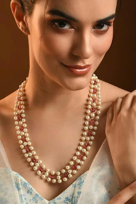 MAISARA JEWELRY Pink Beads Pearl Embellished Necklace