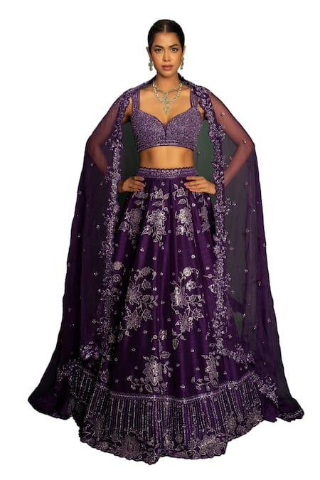 Buy_Vaishali Agarwal_Purple Silk, Organza, Leather Sequins, Beads, Embroidery Floral Lehenga Set _Online_at_Aza_Fashions