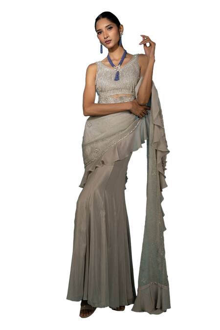 Vaishali Agarwal_Grey Georgette, Crepe Sequins, Beads Pre-draped Saree With Embroidered Blouse _Online_at_Aza_Fashions