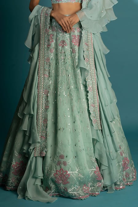 Vaishali Agarwal_Green Silk, Organza Embroidery, Sequins, Beads Square Neck Raw Lehenga Set _Online_at_Aza_Fashions