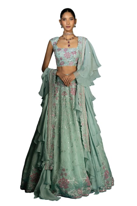 Buy_Vaishali Agarwal_Green Silk, Organza Embroidery, Sequins, Beads Square Neck Raw Lehenga Set _Online_at_Aza_Fashions