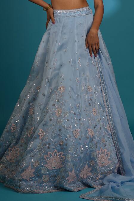 Vaishali Agarwal Blue Silk, Organza Sequins, Cut Work, Embroidery Sweetheart Floral Lehenga Set Online at Aza Fashions Vaishali Agarwal_Blue Silk, Organza Sequins, Cut Work, Embroidery Sweetheart Floral Lehenga Set _Online_at_Aza_Fashions